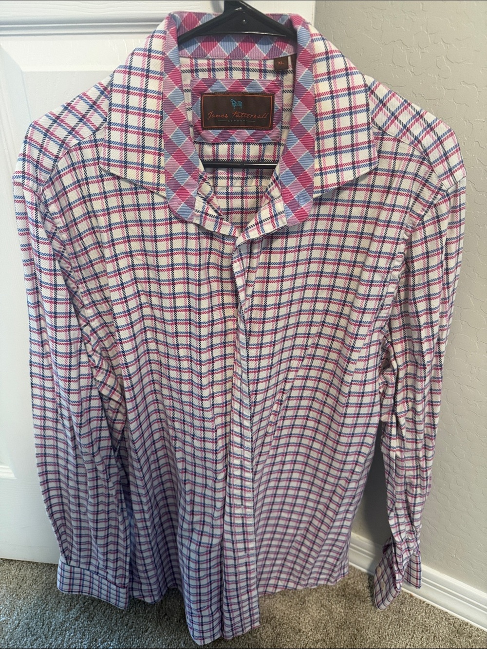 Men's James Tattersall Pink & Blue Plaid Casual Button-Down Shirt